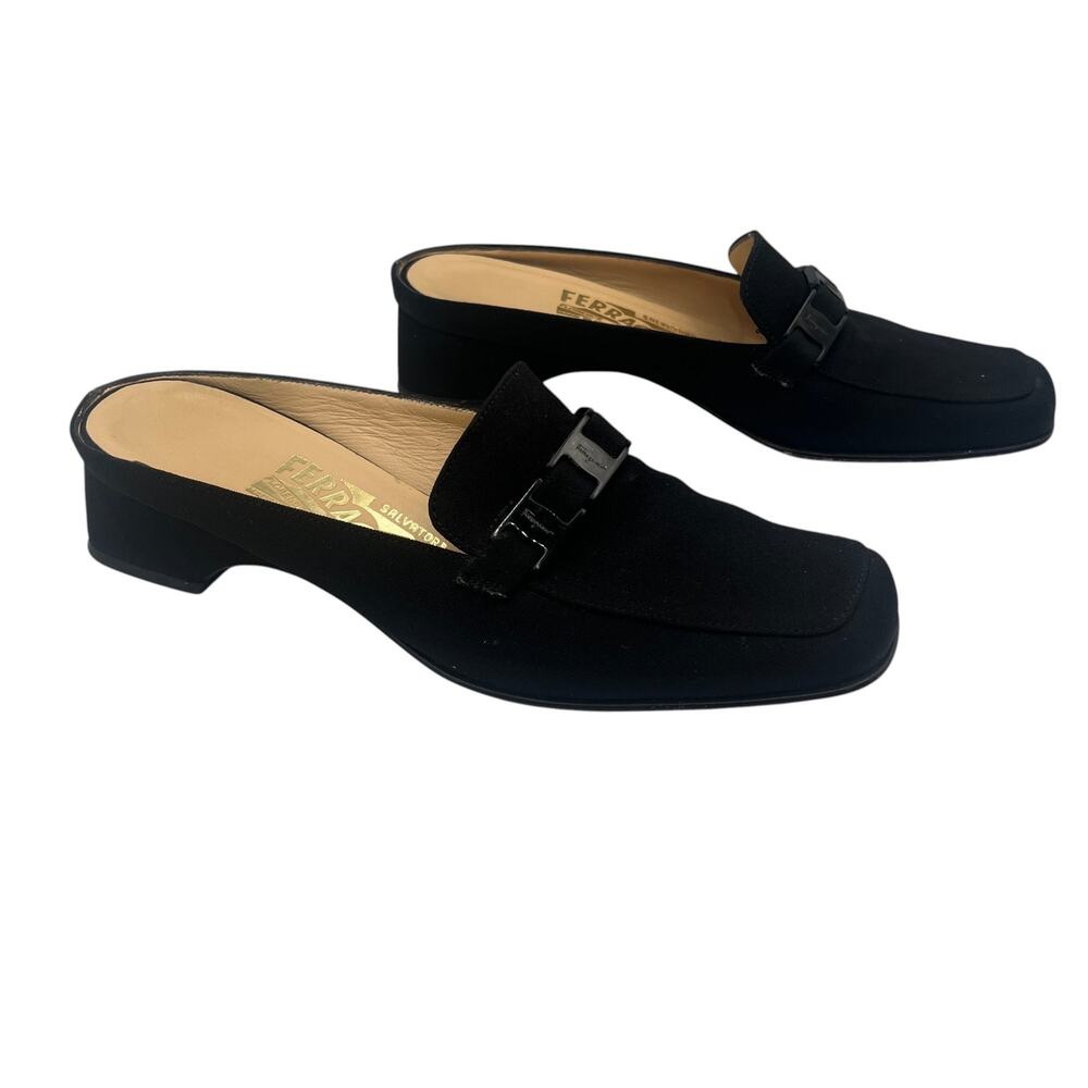 Salvatore Ferragamo Mules Heeled Slip On Shoes Nero Fabric Buckle Black Sz 6.5 C